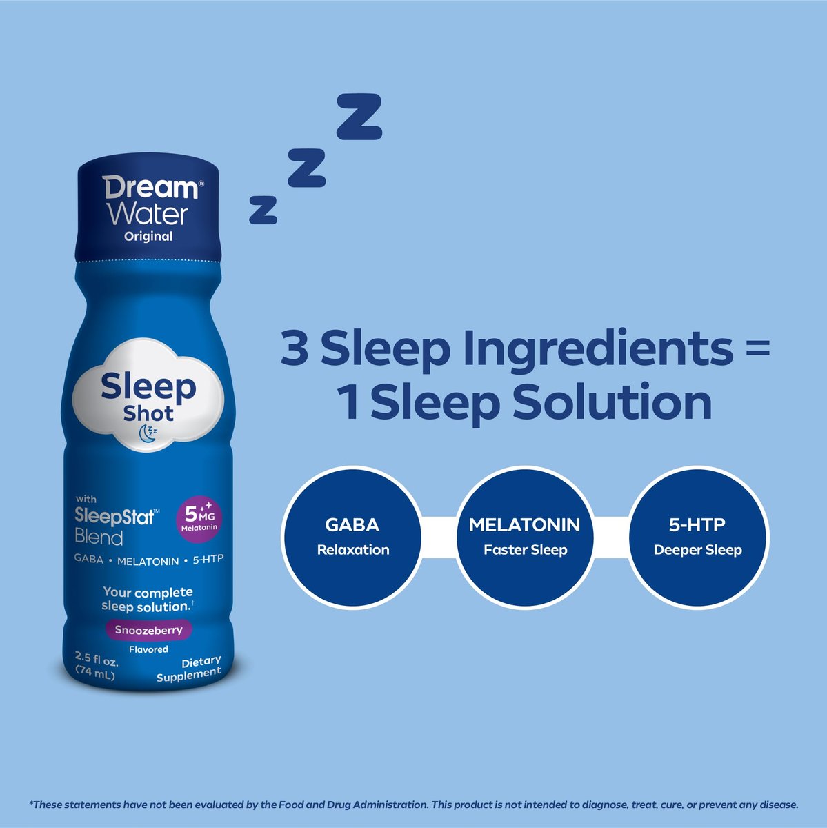 Dream Water Schlafhilfe-Getränk; Melatonin 5mg, GABA, 5-HTP; Zuckerfrei, Natürliche Aromen, Ohne Farbstoffe, 2,5 Flüssigunzen Schlaf-Shots, Snoozeberry, 4er-Pack