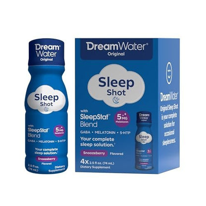 Dream Water Schlafhilfe-Getränk; Melatonin 5mg, GABA, 5-HTP; Zuckerfrei, Natürliche Aromen, Ohne Farbstoffe, 2,5 Flüssigunzen Schlaf-Shots, Snoozeberry, 4er-Pack