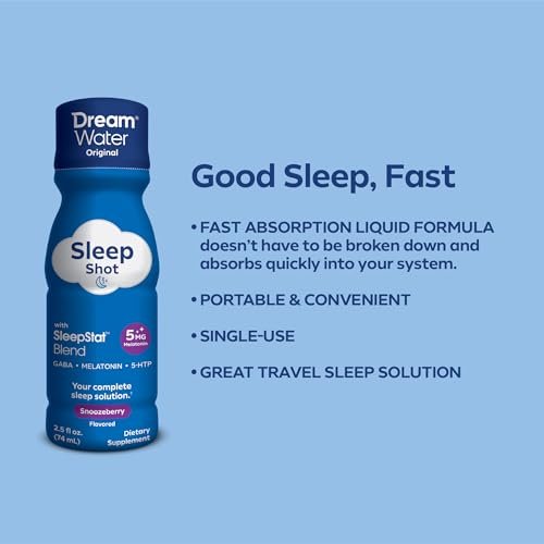 Dream Water Schlafhilfe-Getränk; Melatonin 5mg, GABA, 5-HTP; Zuckerfrei, Natürliche Aromen, Ohne Farbstoffe, 2,5 Flüssigunzen Schlaf-Shots, Snoozeberry, 4er-Pack