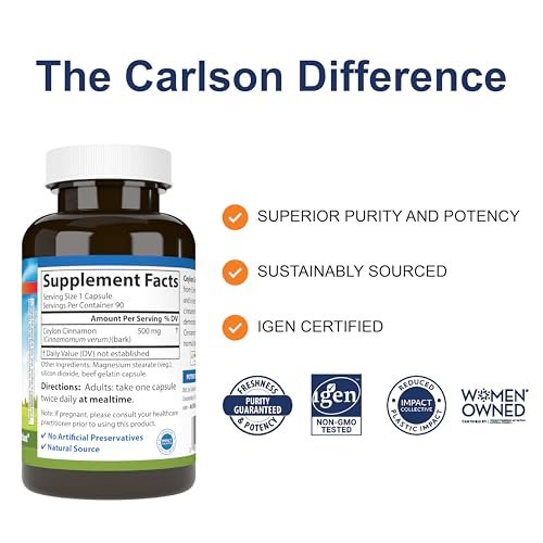 Carlson Ceylon Zimt Kapseln – 500 mg reines Zimtpulver, 90 Kapseln, Nahrungsergänzungsmittel