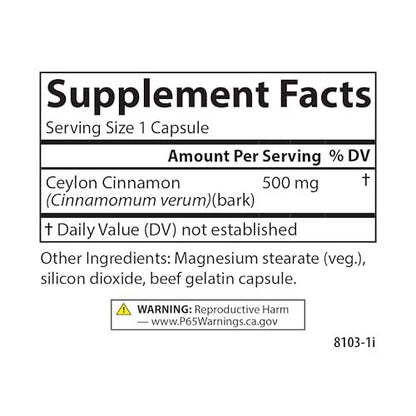 Carlson Ceylon Zimt Kapseln – 500 mg reines Zimtpulver, 90 Kapseln, Nahrungsergänzungsmittel
