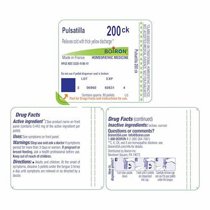 Boiron Pulsatilla 200ck Homöopathisches Arzneimittel bei Erkältung mit dickem, gelbem Ausfluss - Packung mit 3 (240 Kügelchen)