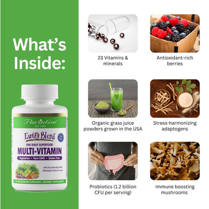 Paradise Herbs Earth's Blend Tägliches Multivitamin, Ohne Eisen, 48 Bio-Superfoods, Probiotika und Vitamine A, B12, C, D, K2, 60 Kapseln