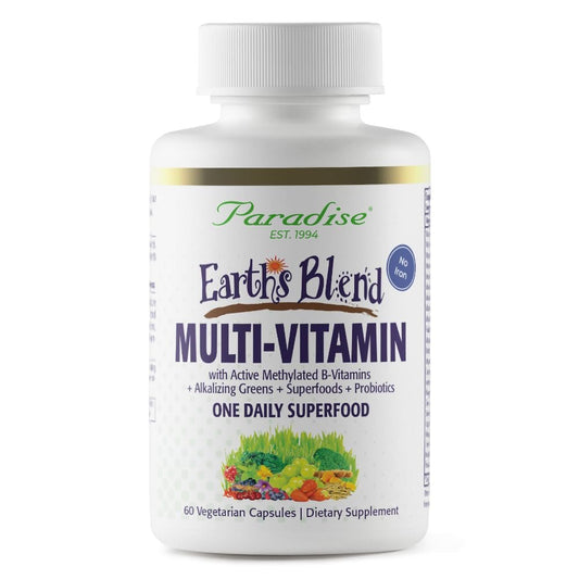 Paradise Herbs Earth's Blend Tägliches Multivitamin, Ohne Eisen, 48 Bio-Superfoods, Probiotika und Vitamine A, B12, C, D, K2, 60 Kapseln