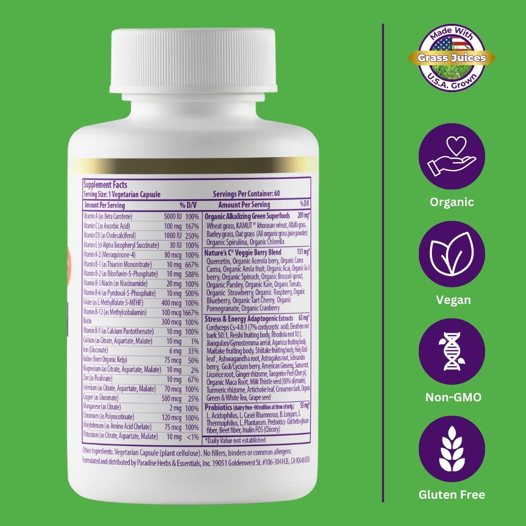 Paradise Herbs Earth's Blend Tägliches Multivitamin, Ohne Eisen, 48 Bio-Superfoods, Probiotika und Vitamine A, B12, C, D, K2, 60 Kapseln
