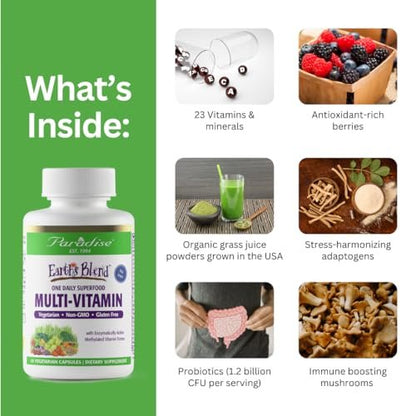 Paradise Herbs Earth's Blend Tägliches Multivitamin, Ohne Eisen, 48 Bio-Superfoods, Probiotika und Vitamine A, B12, C, D, K2, 60 Kapseln