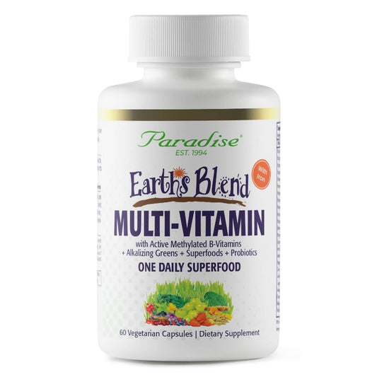 Paradise Herbs Earth's Blend Once Daily Multivitamin mit Eisen, 48 organische Superfoods, Probiotika, Antioxidantien, Vitamine A, B12, C, D, K2, 60 Kapseln