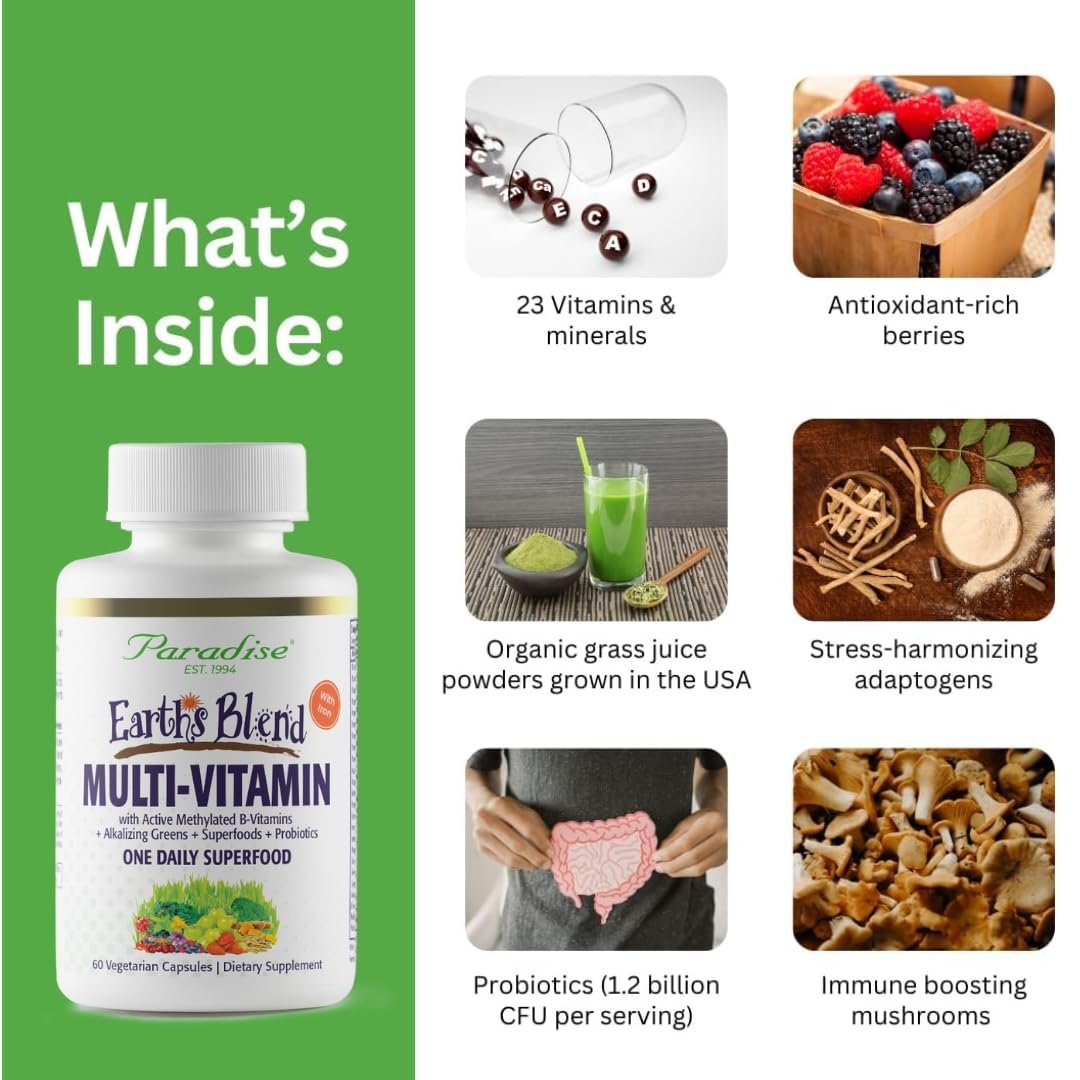 Paradise Herbs Earth's Blend Once Daily Multivitamin mit Eisen, 48 organische Superfoods, Probiotika, Antioxidantien, Vitamine A, B12, C, D, K2, 60 Kapseln