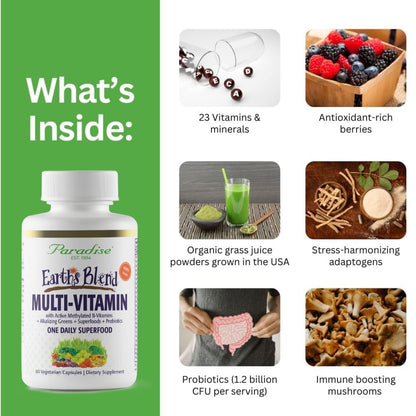 Paradise Herbs Earth's Blend Once Daily Multivitamin mit Eisen, 48 organische Superfoods, Probiotika, Antioxidantien, Vitamine A, B12, C, D, K2, 60 Kapseln
