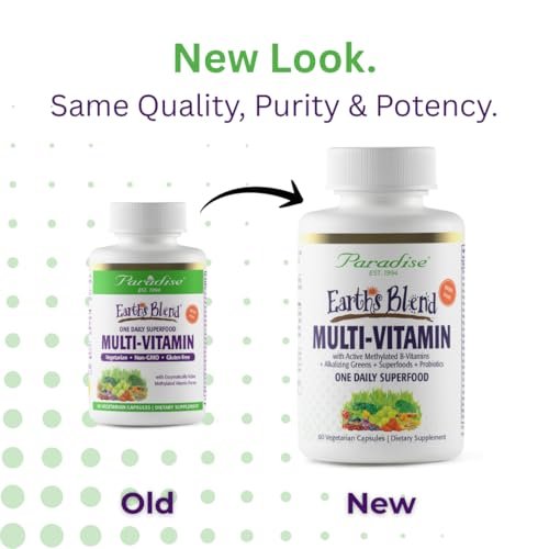 Paradise Herbs Earth's Blend Once Daily Multivitamin mit Eisen, 48 organische Superfoods, Probiotika, Antioxidantien, Vitamine A, B12, C, D, K2, 60 Kapseln