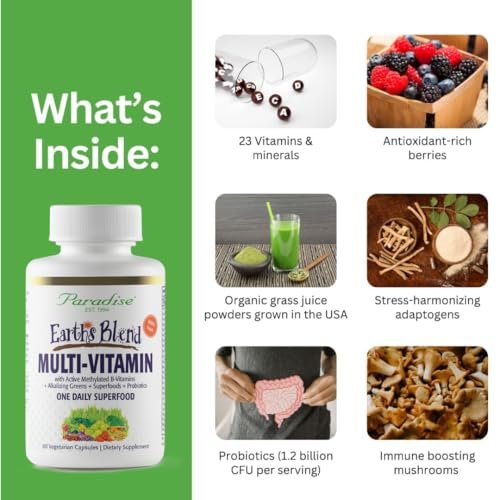 Paradise Herbs Earth's Blend Once Daily Multivitamin mit Eisen, 48 organische Superfoods, Probiotika, Antioxidantien, Vitamine A, B12, C, D, K2, 60 Kapseln