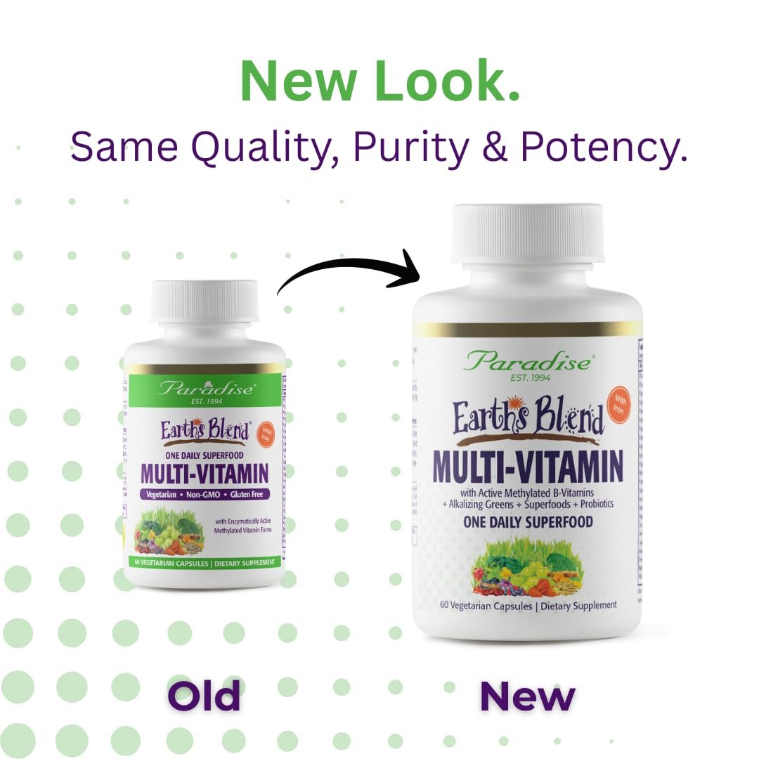 Paradise Herbs Earth's Blend Once Daily Multivitamin mit Eisen, 48 organische Superfoods, Probiotika, Antioxidantien, Vitamine A, B12, C, D, K2, 60 Kapseln