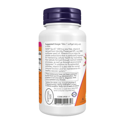 NOW Foods Sun-E™ 400 IE mit d-alpha-Tocopherol aus Non-GMO Sonnenblumenöl, 60 Weichkapseln