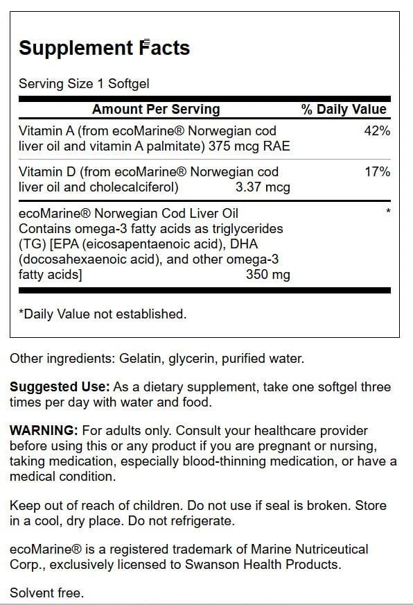 Swanson Lebertran – 180 Weichkapseln, 350 mg – Nahrungsergänzungsmittel für Knochen-, Haut- und Sehkraft sowie Immunsystem mit hochabsorbierbarem Vitamin A