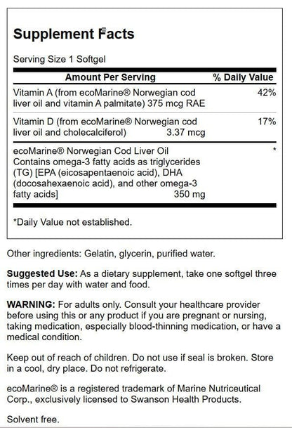 Swanson Lebertran – 180 Weichkapseln, 350 mg – Nahrungsergänzungsmittel für Knochen-, Haut- und Sehkraft sowie Immunsystem mit hochabsorbierbarem Vitamin A