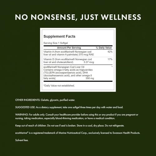 Swanson Lebertran – 180 Weichkapseln, 350 mg – Nahrungsergänzungsmittel für Knochen-, Haut- und Sehkraft sowie Immunsystem mit hochabsorbierbarem Vitamin A