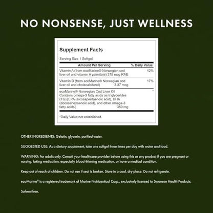 Swanson Lebertran – 180 Weichkapseln, 350 mg – Nahrungsergänzungsmittel für Knochen-, Haut- und Sehkraft sowie Immunsystem mit hochabsorbierbarem Vitamin A