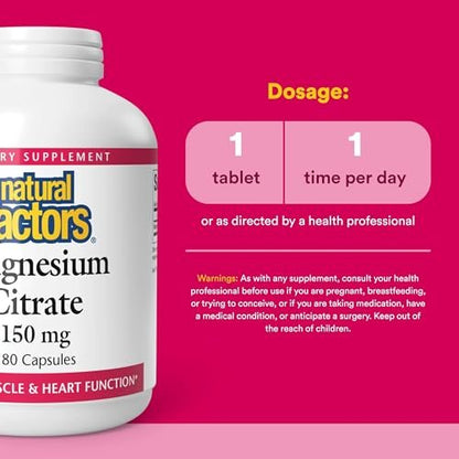 Natural Factors Magnesiumcitrat 150 mg – 180 Kapseln für Muskel- und Herzgesundheit