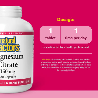 Natural Factors Magnesiumcitrat 150 mg – 180 Kapseln für Muskel- und Herzgesundheit