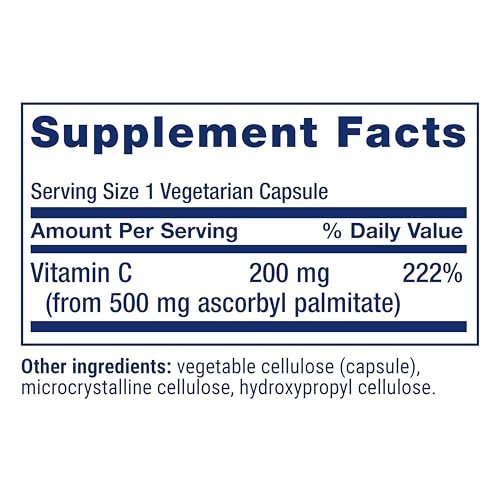 Life Extension Ascorbyl Palmitat 500 mg – Fettlösliches Vitamin C für Immunsystem und Langlebigkeit – Wasserlöslich, glutenfrei, nicht-GVO, vegetarisch – 100 Kapseln