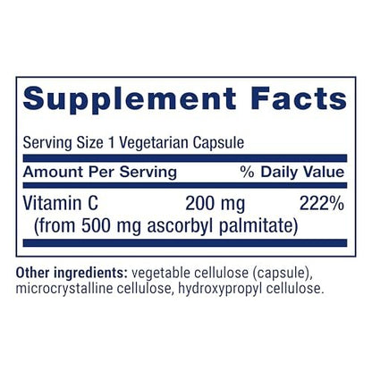 Life Extension Ascorbyl Palmitat 500 mg – Fettlösliches Vitamin C für Immunsystem und Langlebigkeit – Wasserlöslich, glutenfrei, nicht-GVO, vegetarisch – 100 Kapseln