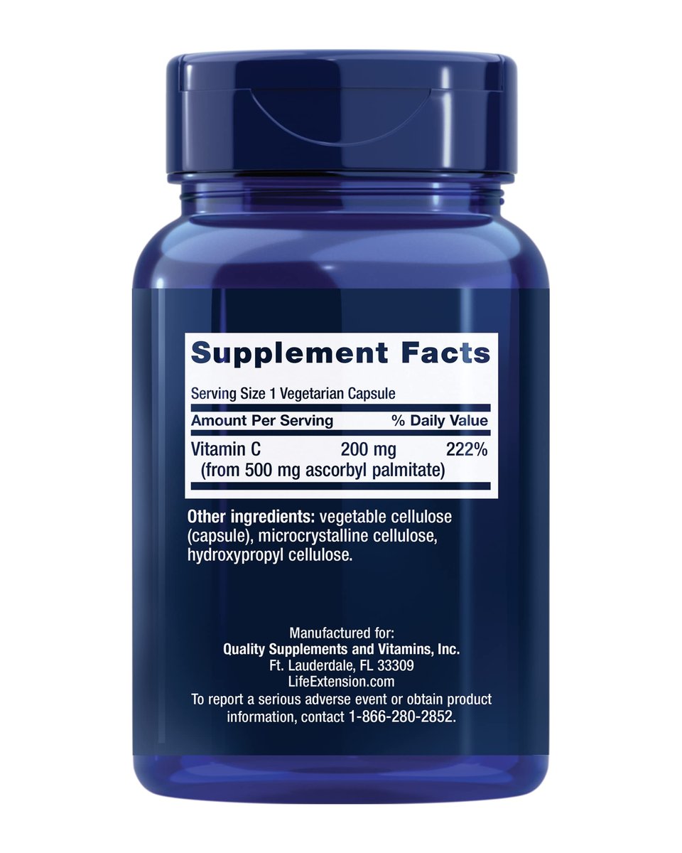Life Extension Ascorbyl Palmitat 500 mg – Fettlösliches Vitamin C für Immunsystem und Langlebigkeit – Wasserlöslich, glutenfrei, nicht-GVO, vegetarisch – 100 Kapseln