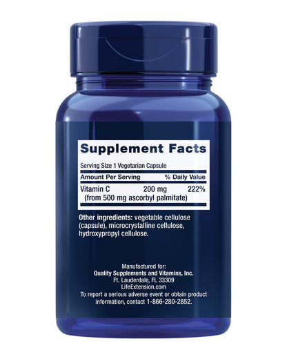 Life Extension Ascorbyl Palmitat 500 mg – Fettlösliches Vitamin C für Immunsystem und Langlebigkeit – Wasserlöslich, glutenfrei, nicht-GVO, vegetarisch – 100 Kapseln