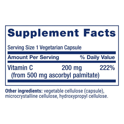 Life Extension Ascorbyl Palmitat 500 mg – Fettlösliches Vitamin C für Immunsystem und Langlebigkeit – Wasserlöslich, glutenfrei, nicht-GVO, vegetarisch – 100 Kapseln