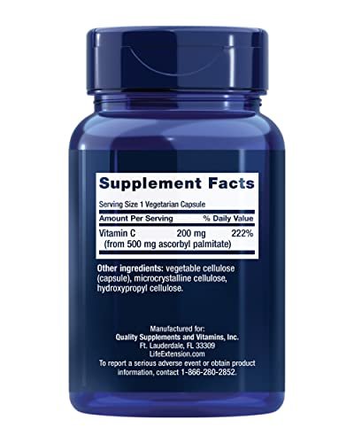 Life Extension Ascorbyl Palmitat 500 mg – Fettlösliches Vitamin C für Immunsystem und Langlebigkeit – Wasserlöslich, glutenfrei, nicht-GVO, vegetarisch – 100 Kapseln