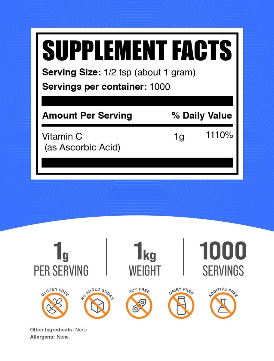 BulkSupplements.com Ascorbinsäure-Pulver - Vitamin-C-Ergänzung zur Unterstützung des Immunsystems - Lebensmittelqualität, glutenfrei, 1 g pro Portion, 1 kg (2,2 Pfund)