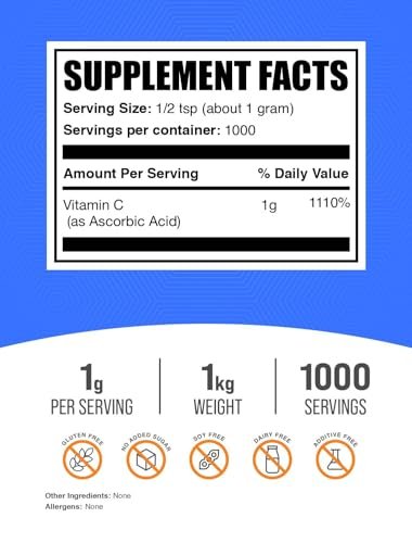 BulkSupplements.com Ascorbinsäure-Pulver - Vitamin-C-Ergänzung zur Unterstützung des Immunsystems - Lebensmittelqualität, glutenfrei, 1 g pro Portion, 1 kg (2,2 Pfund)