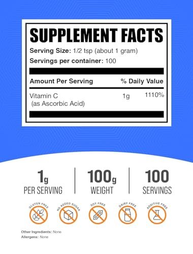 BulkSupplements.com Ascorbinsäure-Pulver - Vitamin C Nahrungsergänzungsmittel für Immununterstützung - Lebensmittelqualität, glutenfrei, 1g pro Portion, 100g (3,5 oz) (1er Pack)