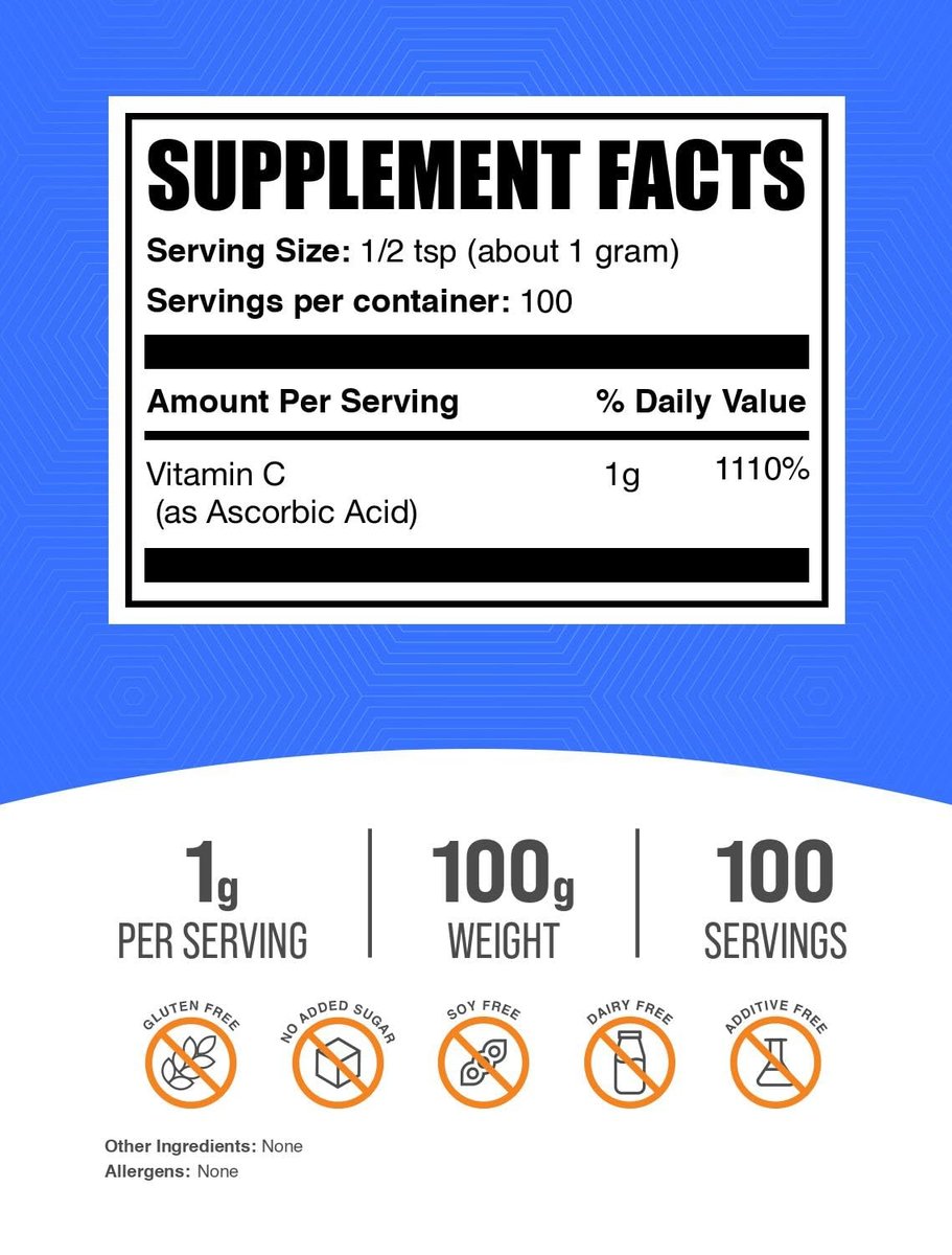 BulkSupplements.com Ascorbinsäure-Pulver - Vitamin C Nahrungsergänzungsmittel für Immununterstützung - Lebensmittelqualität, glutenfrei, 1g pro Portion, 100g (3,5 oz) (1er Pack)
