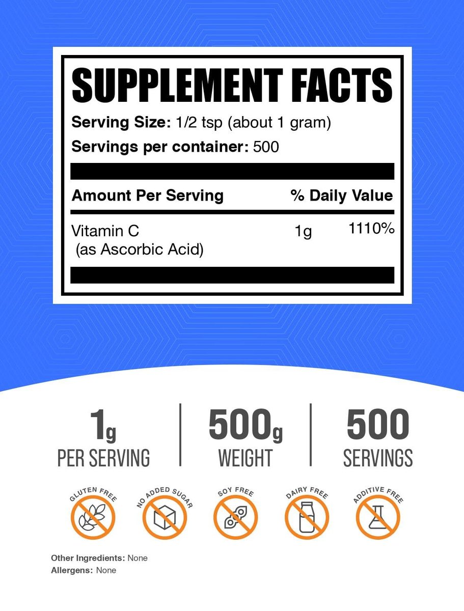 BulkSupplements.com Ascorbinsäure-Pulver - Vitamin-C-Ergänzung für Immununterstützung - Ascorbinsäure in Lebensmittelqualität, glutenfrei, 1 g pro Portion, 500 g (1,1 lb) (1er-Pack)