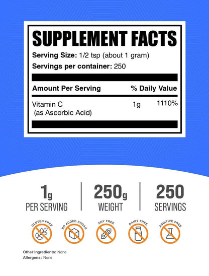BulkSupplements.com Ascorbinsäure-Pulver - Vitamin C Nahrungsergänzungsmittel, zur Unterstützung des Immunsystems - Lebensmittelqualität, Glutenfrei, 1g pro Portion, 250g (8,8 oz) (1er-Pack)