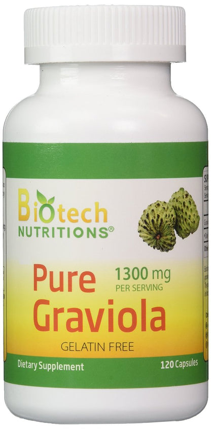 Biotech Nutritions Graviola 100% Reine Graviola 1300 mg pro Portion 120 Kapseln pro Flasche (Annona muricata)