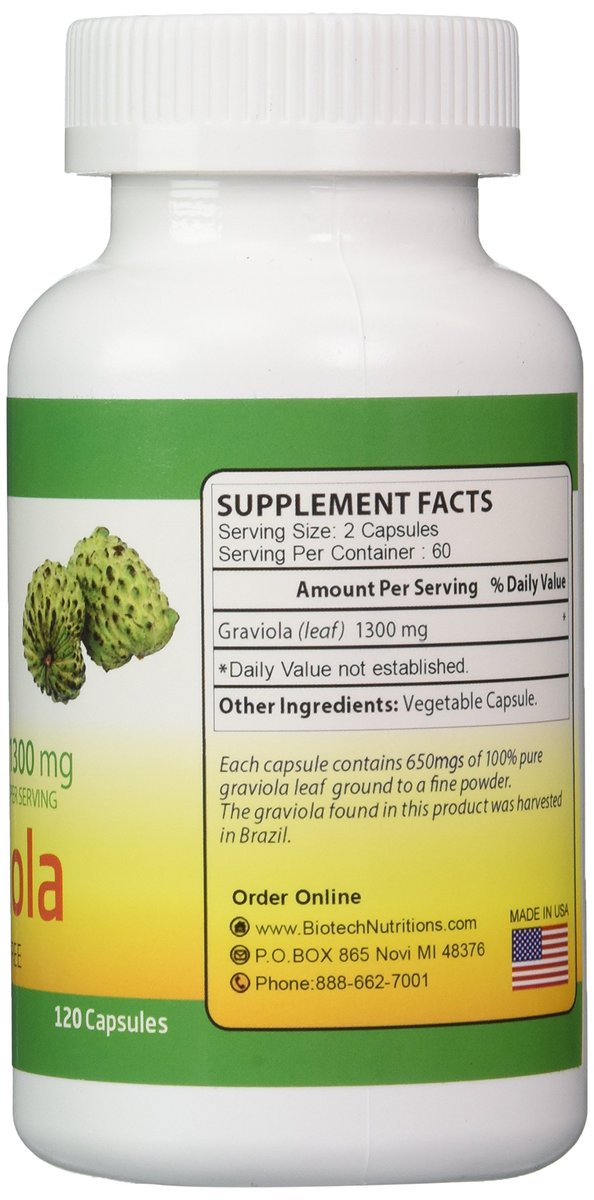 Biotech Nutritions Graviola 100% Reine Graviola 1300 mg pro Portion 120 Kapseln pro Flasche (Annona muricata)