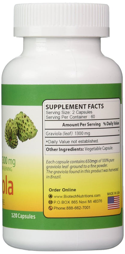 Biotech Nutritions Graviola 100% Reine Graviola 1300 mg pro Portion 120 Kapseln pro Flasche (Annona muricata)