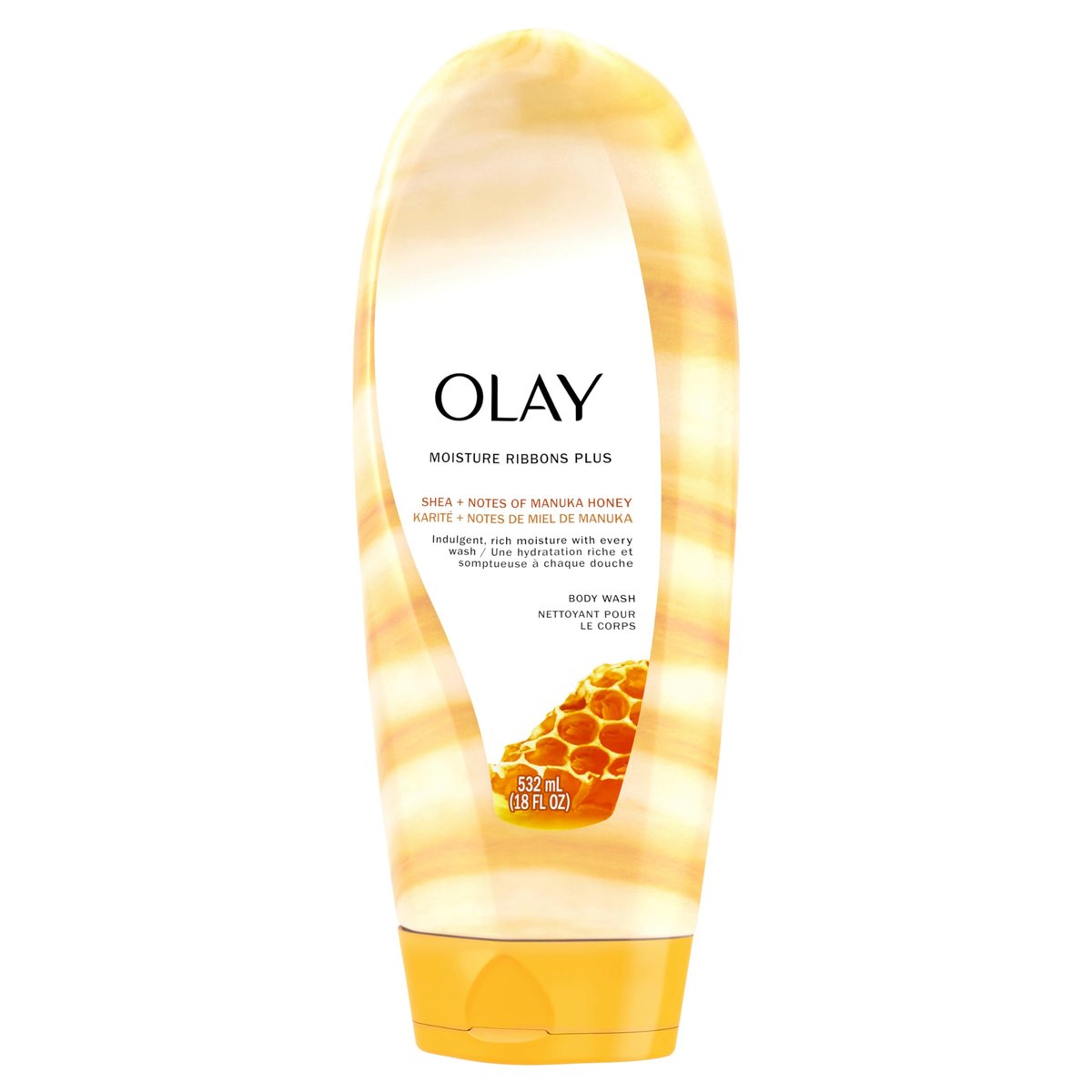 Olay Body Wash für Frauen, Feuchtigkeitsbänder Plus, Tiefenpflege & Feuchtigkeitsformel, lang anhaltend weiche, geschmeidige Haut, für alle Hauttypen, Sheabutter & Manuka Honig Duft, 532 ml