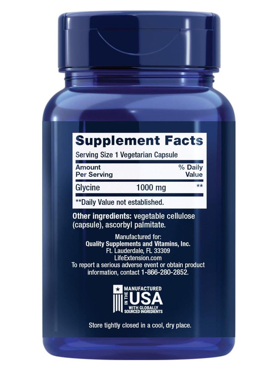 Life Extension Glycin 1000 mg – Aminosäure für gesunden Schlaf, glutenfrei, nicht-GVO, vegetarisch, 100 Kapseln