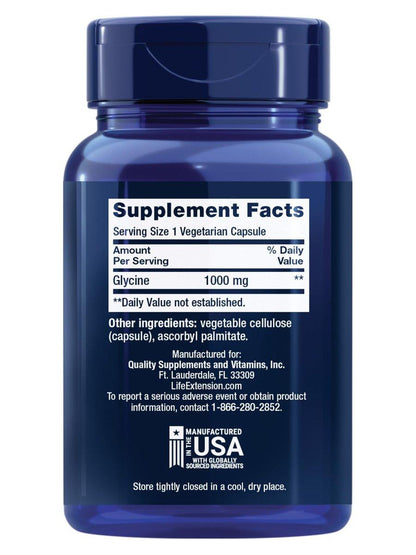 Life Extension Glycin 1000 mg – Aminosäure für gesunden Schlaf, glutenfrei, nicht-GVO, vegetarisch, 100 Kapseln