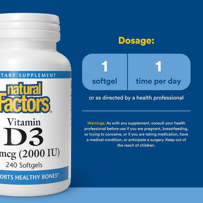 Natural Factors Vitamin D3 2000 IE – 240 Weichkapseln für gesunde Knochen