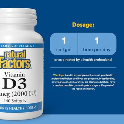 Natural Factors Vitamin D3 2000 IE – 240 Weichkapseln für gesunde Knochen