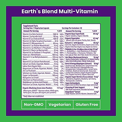 Paradise Herbs Earth's Blend Once Daily Multivitamin ohne Eisen – 48 Bio-Superfoods, Probiotika, Antioxidantien, Vitamine A, B12, C, D, K2, 30 Kapseln