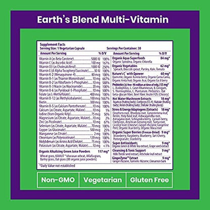 Paradise Herbs Earth's Blend Once Daily Multivitamin ohne Eisen – 48 Bio-Superfoods, Probiotika, Antioxidantien, Vitamine A, B12, C, D, K2, 30 Kapseln