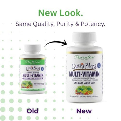 Paradise Herbs Earth's Blend Once Daily Multivitamin ohne Eisen – 48 Bio-Superfoods, Probiotika, Antioxidantien, Vitamine A, B12, C, D, K2, 30 Kapseln