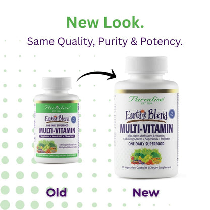 Paradise Herbs Earth's Blend Once Daily Multivitamin ohne Eisen – 48 Bio-Superfoods, Probiotika, Antioxidantien, Vitamine A, B12, C, D, K2, 30 Kapseln