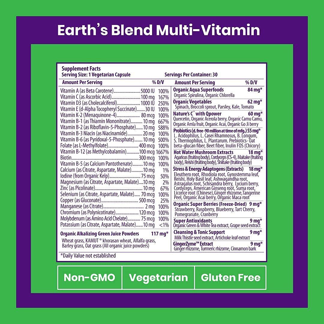 Paradise Herbs Earth's Blend Once Daily Multivitamin ohne Eisen – 48 Bio-Superfoods, Probiotika, Antioxidantien, Vitamine A, B12, C, D, K2, 30 Kapseln
