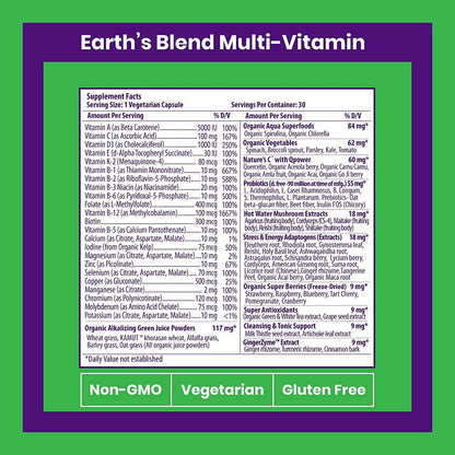 Paradise Herbs Earth's Blend Once Daily Multivitamin ohne Eisen – 48 Bio-Superfoods, Probiotika, Antioxidantien, Vitamine A, B12, C, D, K2, 30 Kapseln
