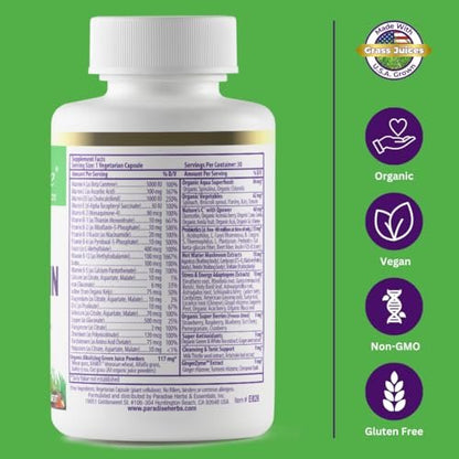 Paradise Herbs Earth's Blend Once Daily Multivitamin mit Eisen, 48 Bio-Superfoods, Probiotika, Antioxidantien, Vitamine A, B12, C, D, K2, tägliches Superfood, 30 Kapseln